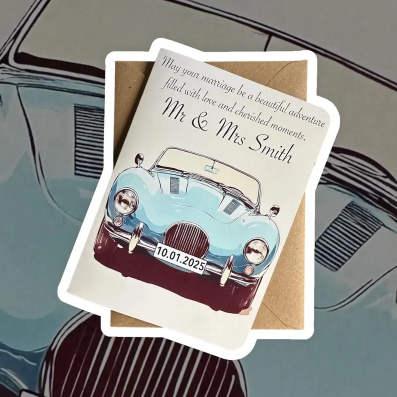Personalised Vintage Car Wedding Card – Just Married - Image 2