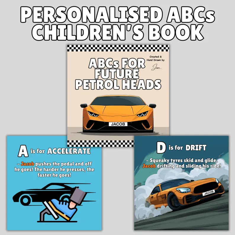 ABCs for Future Petrol Heads – Personalised Automotive Alphabet Book - Image 2