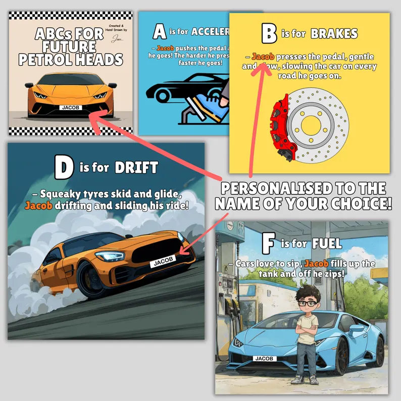 ABCs for Future Petrol Heads – Personalised Automotive Alphabet Book - Image 3